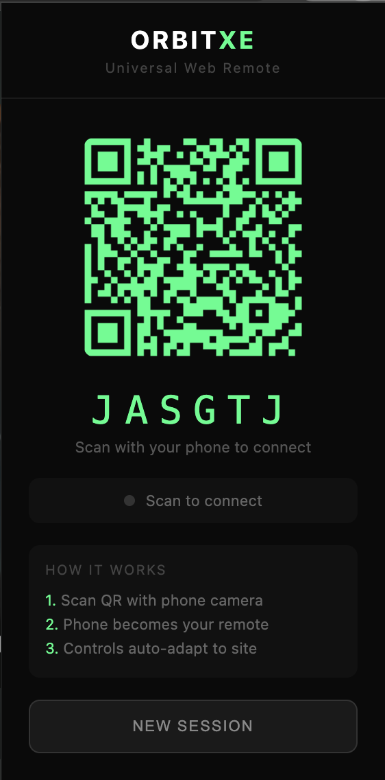 OrbitXE extension popup with QR code